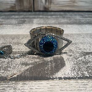 Mystic Blue and Silver Evil Eye Bracelet with matching attached ring. So cute!